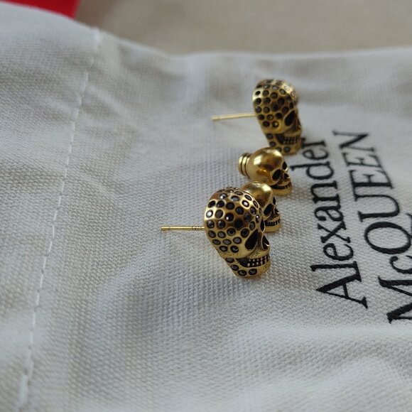 Alexander McQueen Pave Rhinestones Double Skull brass earring 10gr (New) - Picture 4 of 9